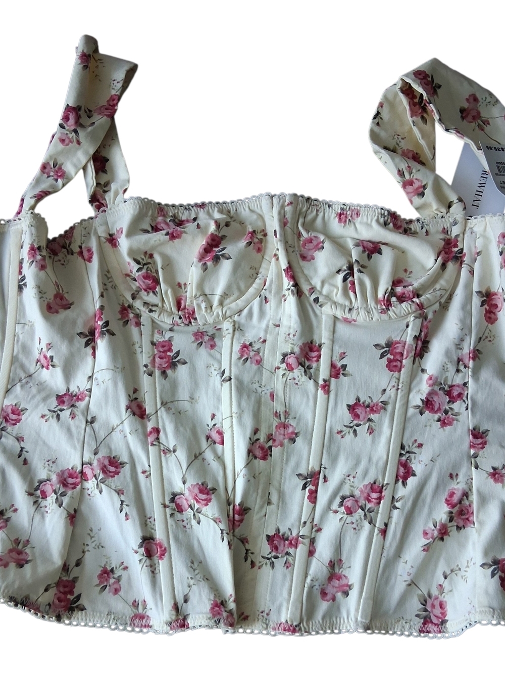 Floral Corset Crop Top - Pink Rose on Cream